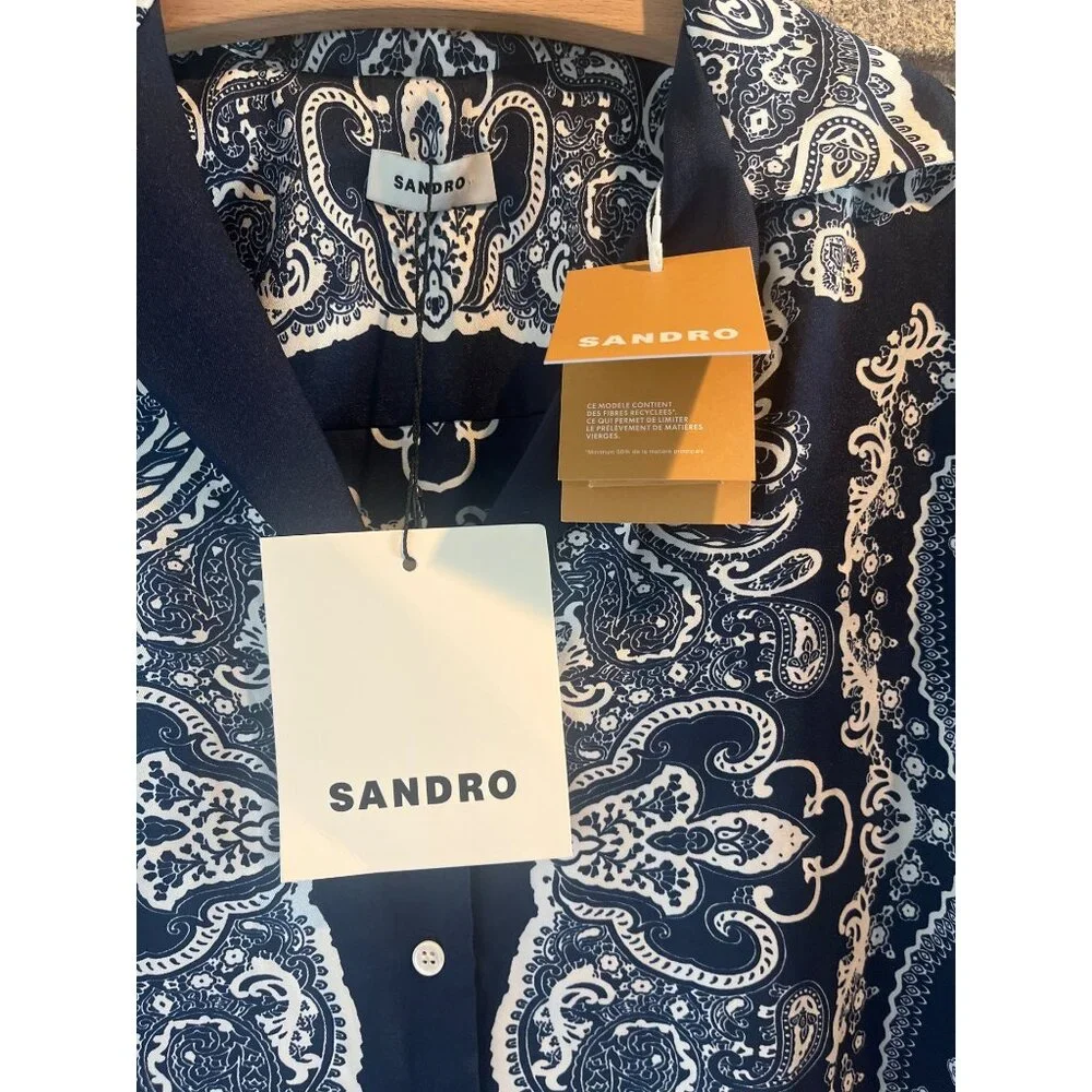 Sandro Womens Blue & White Paisley Short-Sleeve Button-Up Shirt Size 1 - Picture 3 of 10